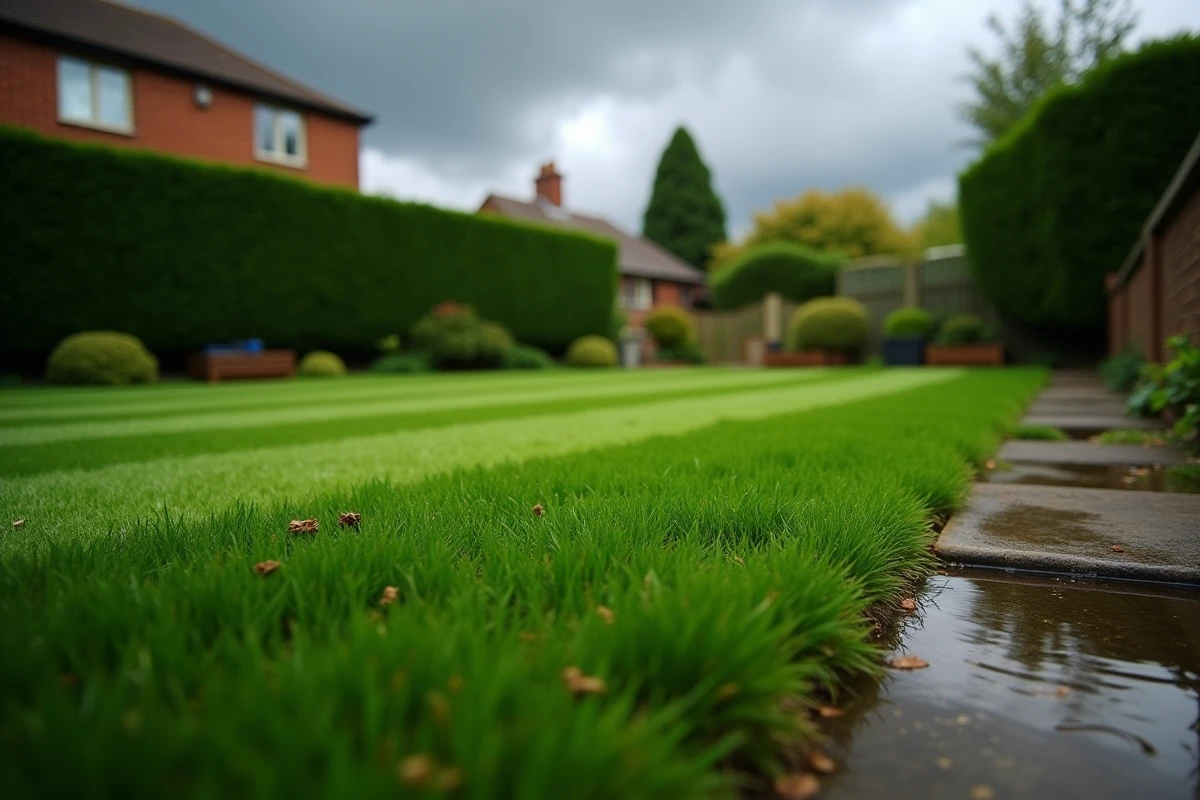 Pelouse fraîchement tondue avec rayures de coupe et nuages orageux au-dessus du jardin
