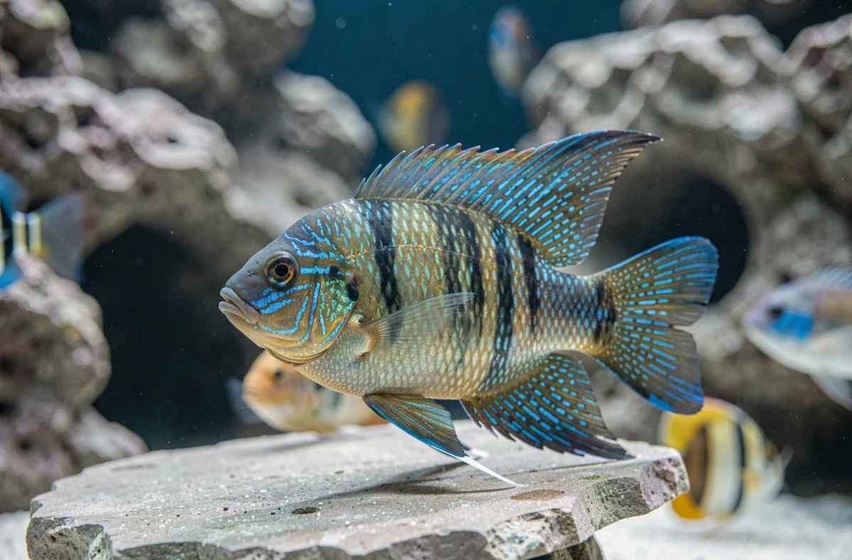 Portrait rapproché d'un cichlidé Aulonocara mâle aux écailles iridescentes bleues et jaunes dans un aquarium décoré de roches