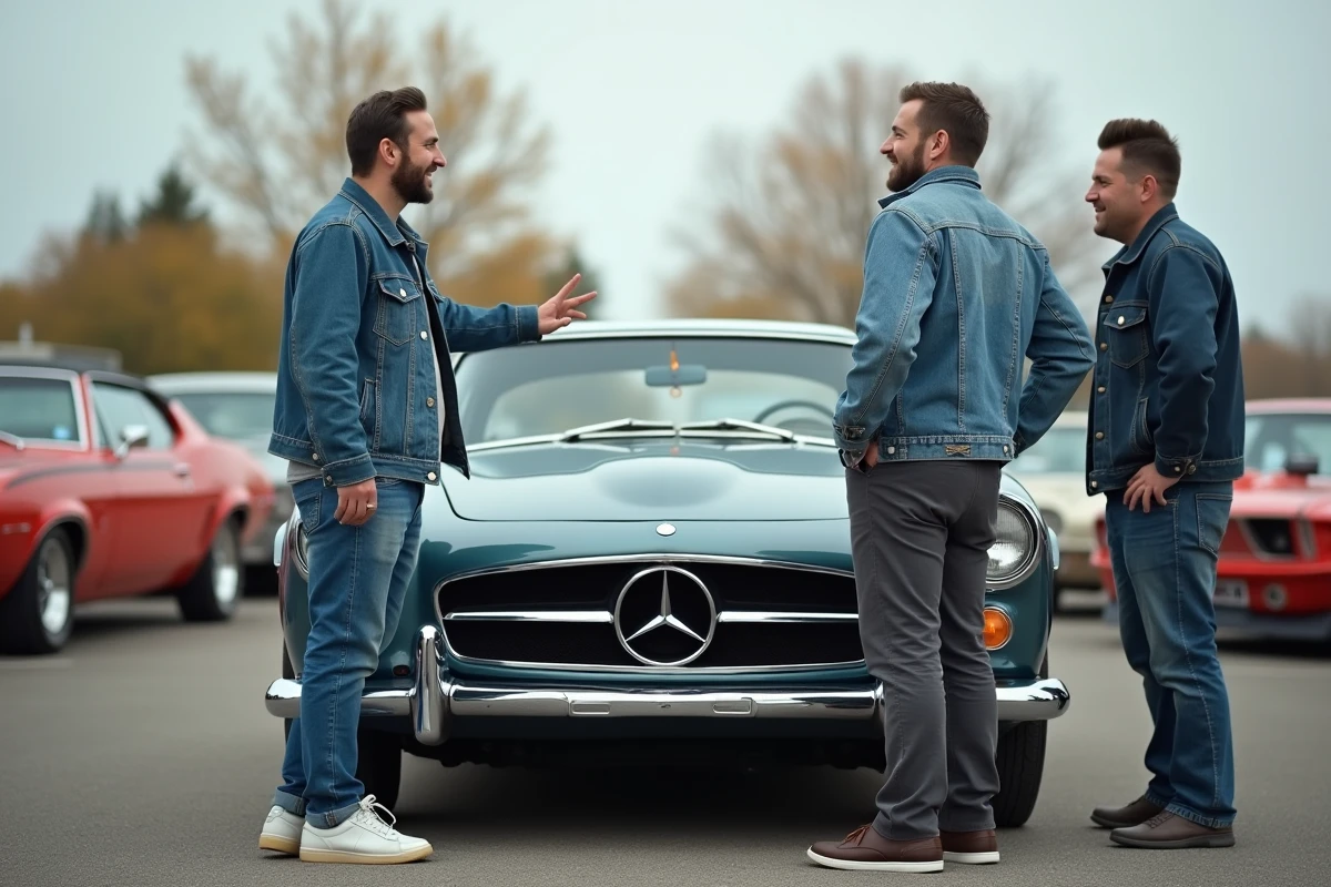 Groupe de passionnés d'automobiles réunis autour d'une voiture classique restaurée lors d'un rassemblement automobile urbain
