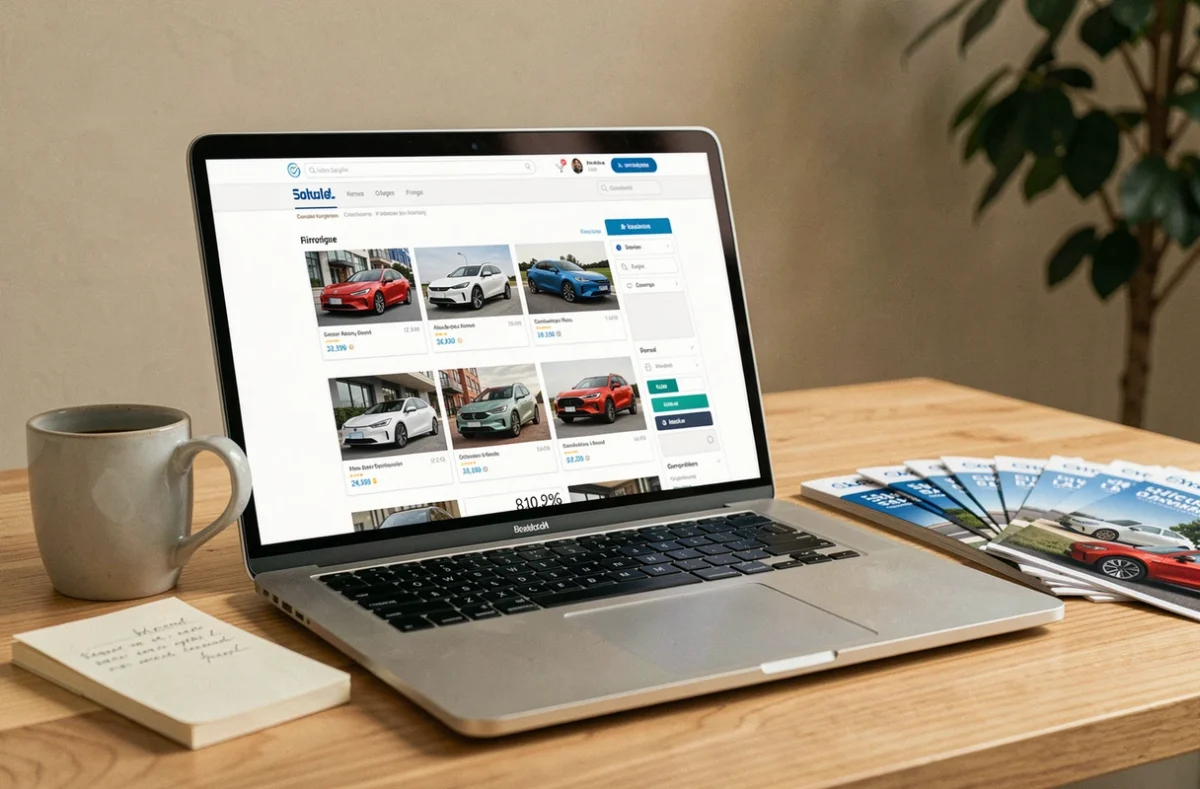 Recherche de voitures disponibles en ligne sur un comparateur automobile depuis un bureau à domicile