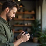 Photographe masculin réglant manuellement la mise au point sur son appareil photo en studio urbain