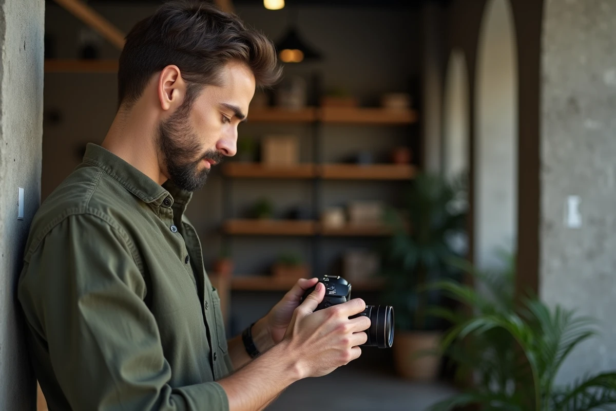Photographe masculin réglant manuellement la mise au point sur son appareil photo en studio urbain