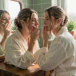 Femme trentenaire appliquant une crème visage devant un miroir vintage dans une salle de bain végétale et cosy