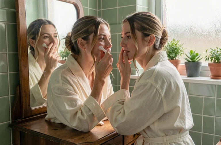 Femme trentenaire appliquant une crème visage devant un miroir vintage dans une salle de bain végétale et cosy