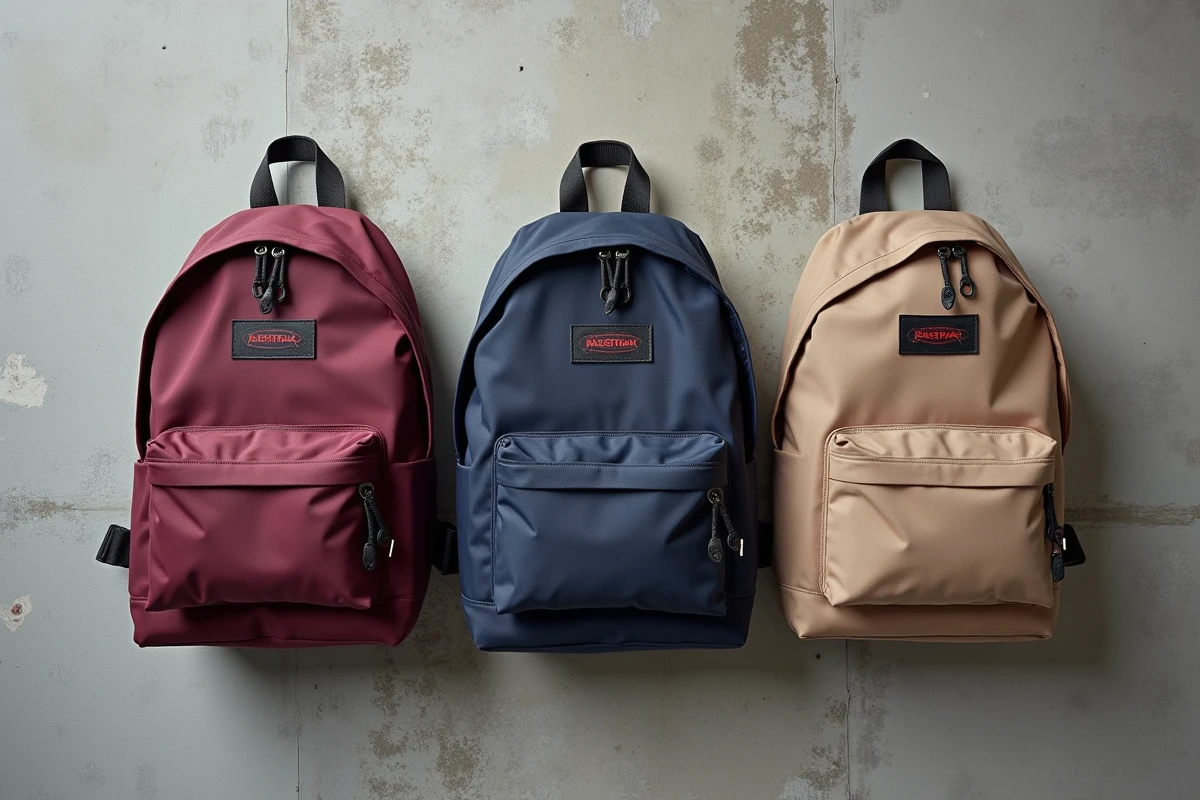 Trois sacs à dos Eastpak usagés posés à plat avec une carte de garantie à vie et une étiquette de réparation