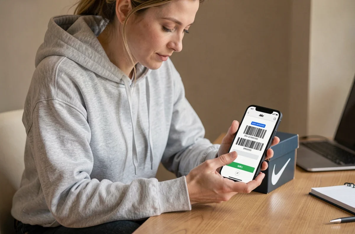 Femme scannant un code UPC Nike avec son smartphone à son bureau