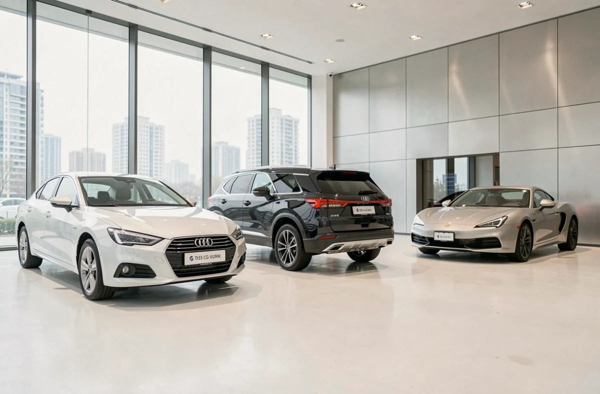 Showroom automobile moderne avec plusieurs voitures disponibles à la vente exposées sur sol poli