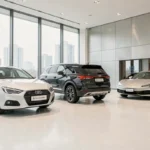 Showroom automobile moderne avec plusieurs voitures disponibles à la vente exposées sur sol poli