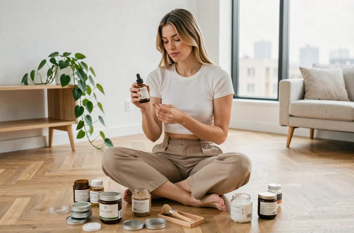 Jeune femme assise au sol entourée de produits de beauté naturels dans un appartement minimaliste scandinave