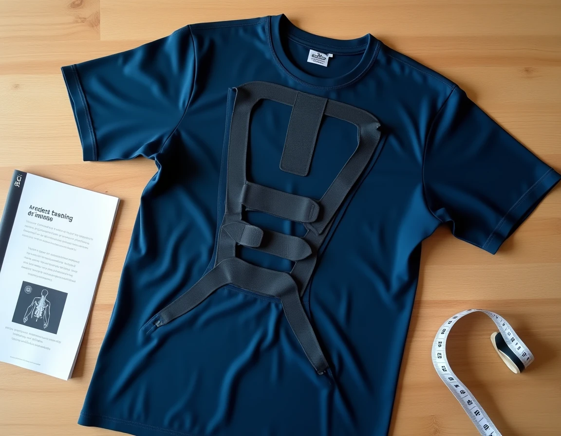 Vue à plat d'un tee-shirt Percko bleu marine déroulé montrant le système de bandes élastiques dorsales sur une table en bois clair