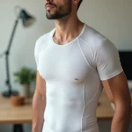 Homme portant un tee-shirt de posture Percko ajusté blanc en situation de travail à domicile, vue de trois quarts