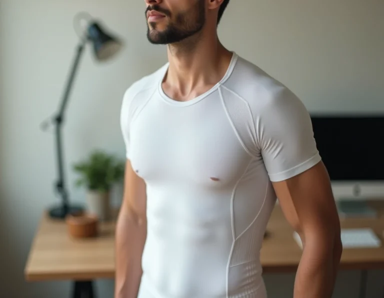 Homme portant un tee-shirt de posture Percko ajusté blanc en situation de travail à domicile, vue de trois quarts