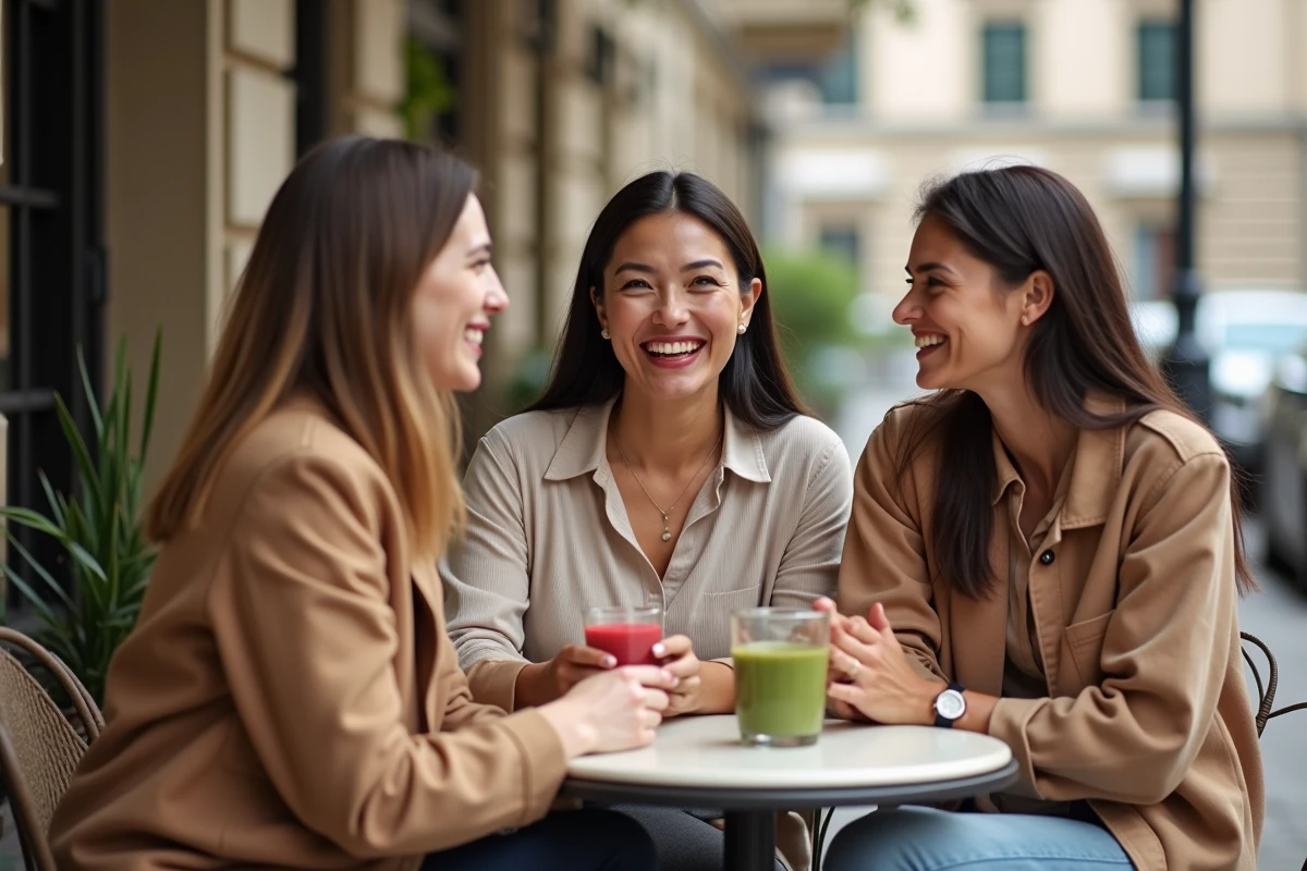Groupe de femmes partageant leurs expériences minceur autour de boissons saines en terrasse de café