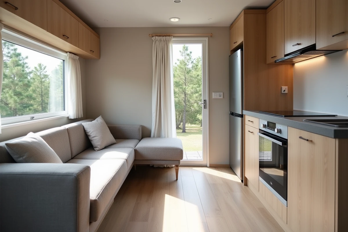 Intérieur aménagé d'un mobil-home clé en main proposé par Tohapi dans un camping français