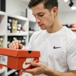 Homme examinant le code UPC sur une boîte de chaussures Nike en magasin