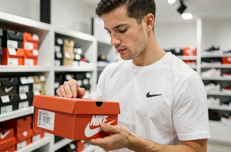 Homme examinant le code UPC sur une boîte de chaussures Nike en magasin